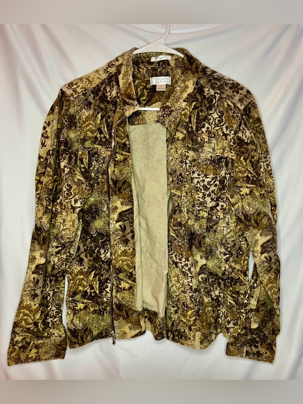Christopher &Banks Corduroy Jacket Women XL Full Zip Olive Green Tapestry Floral